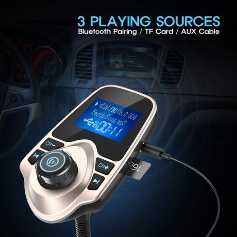 Nulaxy Bluetooth 5.4 Car Adapter FM Transmitter with 1.44" LCD Screen Black | Wireless FM Radio Player with Flexible Gooseneck, Noise Cancellating Fits Older Vehicles, Hands-Free Call Support USB/AUX/TF in Kuwait