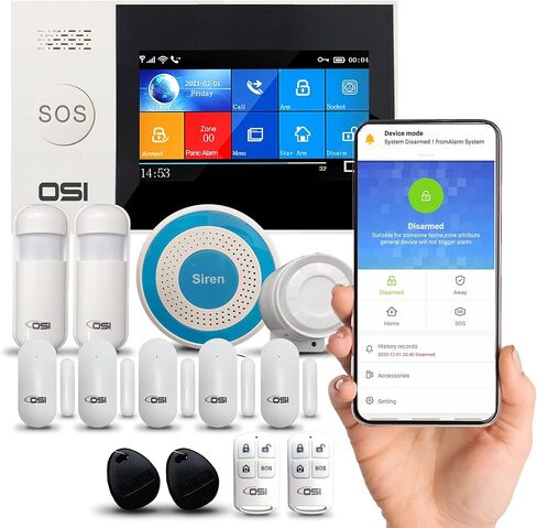 【OSI Wireless WiFi Smart Home Security DIY Alarm SYSTEM-14 Piece】 DIY Home Wi-Fi Alarm Kit with Motion Detector,Notifications with app,Door/Window Sensor, Siren,Compatible with Alexa,NO Monthly Fees in Kuwait