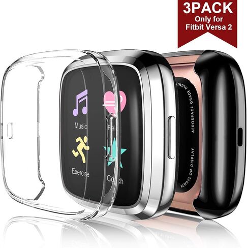 Maledan Screen Protector Case Compatible with Fitbit Versa 2 Smartwatch, 3 Pack Full Protective Case Cover Scratch Resistant Shock Absorbing for Versa 2 Accessories, Clear/Black/Silver in Saudi Arabia