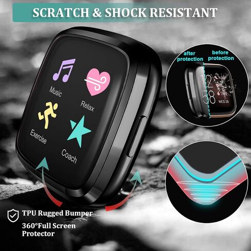 Maledan Screen Protector Case Compatible with Fitbit Versa 2 Smartwatch, 3 Pack Full Protective Case Cover Scratch Resistant Shock Absorbing for Versa 2 Accessories, Clear/Black/Silver in Saudi Arabia