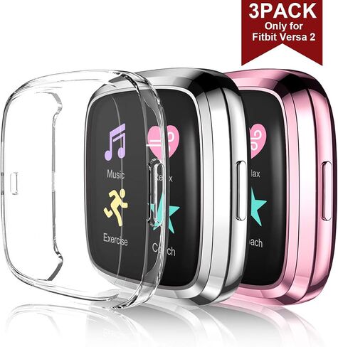 Maledan Screen Protector Case Compatible with Fitbit Versa 2 Smartwatch, 3 Pack Full Protective Case Cover Scratch Resistant Shock Absorbing for Versa 2 Accessories, Clear/Black/Silver in Saudi Arabia