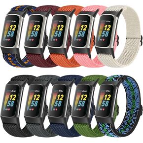 Nidoujin 10 Pack Elastic Bands Compatible with Fitbit Charge 5 Straps, Adjustable Stretchy Breathable Loop Sports Replacement Wristband for Fitbit Charge 5 Tracker Men Women