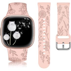 Minyee Floral Engraved Band Compatible with Fitbit Versa 4/Versa 3/Sense 2/Sense Band Women, Cute Soft Silicone Dandelion Flower Pattern Sport Designer Fancy Summer Strap for Versa 4
