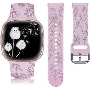 Minyee Floral Engraved Band Compatible with Fitbit Versa 4/Versa 3/Sense 2/Sense Band Women, Cute Soft Silicone Dandelion Flower Pattern Sport Designer Fancy Summer Strap for Versa 4