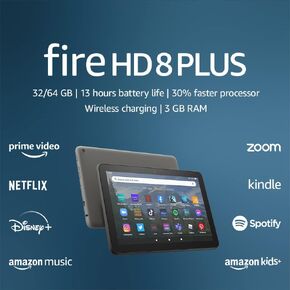 Amazon Fire HD 8 Plus tablet, 8" HD Display, 32 GB, 30% faster processor, 3GB RAM, wireless charging, (2022 release), Gray