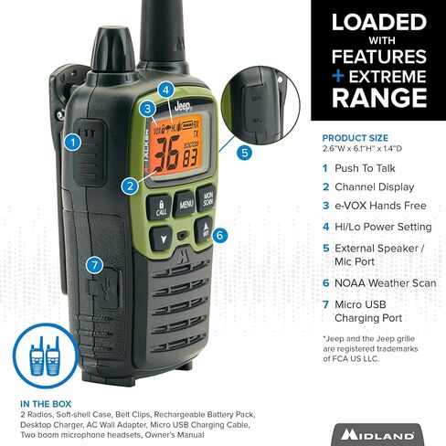 ميدلاند - T75PV5D X-TALKER Extreme Dual Pack - 22 قناة، 121 رمز للخصوصية، مقاومة للماء - اتصال واضح مع تنبيه الطقس - حقيبة حمل وسماعة رأس متضمنة - مموهة in Kuwait