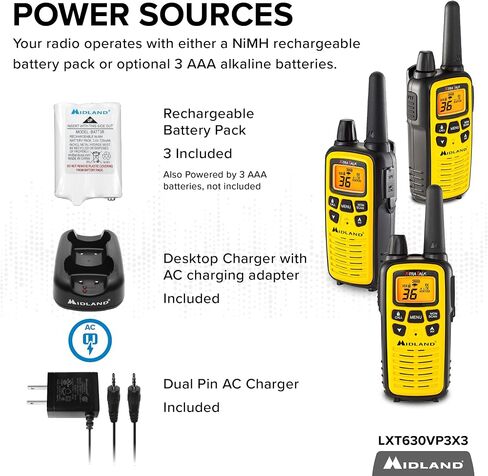 Midland LXT630X3VP3 FRS Walkie Talkies - Long Range 36-Channel Two-Way Radios, NOAA Weather Alerts (3-Pack, Yellow - Black) | Up to 30 Mile Range Walkie Talkie, 36 Channels, 121 Privacy Codes, NOAA Weather Scan + Alert in Saudi Arabia