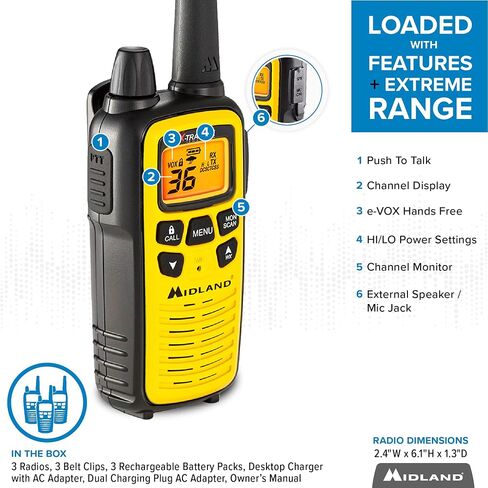 Midland LXT630X3VP3 FRS Walkie Talkies - Long Range 36-Channel Two-Way Radios, NOAA Weather Alerts (3-Pack, Yellow - Black) | Up to 30 Mile Range Walkie Talkie, 36 Channels, 121 Privacy Codes, NOAA Weather Scan + Alert in Saudi Arabia