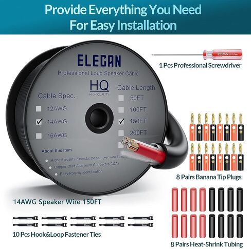 كابل سلك مكبر صوت خارجي من سلسلة Elecan Pro 14/2 بطول 50 قدمًا وقياس 14 AWG مع مجموعة أدوات - دفن مباشر في الجدار CL3 CL2 وسترة وفيلم وقطن من مادة PVC للمسرح المنزلي، ومكبر صوت للسيارة، ستريو-أسود in Kuwait
