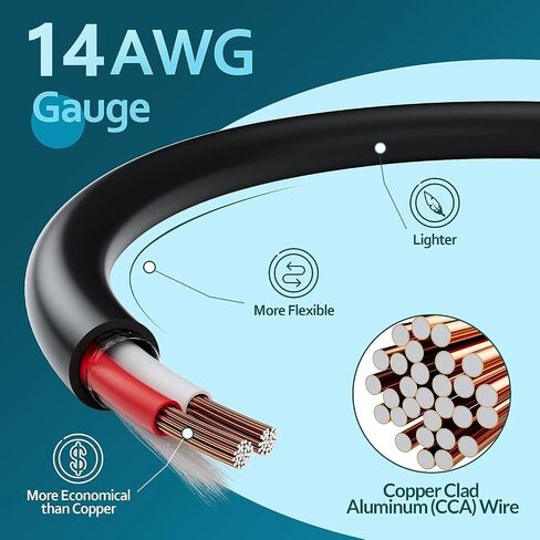 كابل سلك مكبر صوت خارجي من سلسلة Elecan Pro 14/2 بطول 50 قدمًا وقياس 14 AWG مع مجموعة أدوات - دفن مباشر في الجدار CL3 CL2 وسترة وفيلم وقطن من مادة PVC للمسرح المنزلي، ومكبر صوت للسيارة، ستريو-أسود in Kuwait