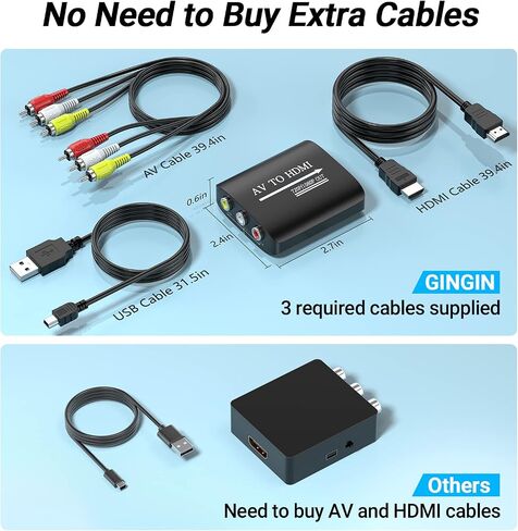 GINGIN RCA to HDMI Converter, AV to HDMI Converter for TV/PC/N64/Wii/PS1/PS2/PS3/STB/Xbox/VHS/VCR/Blue-Ray DVD Players, with 3.3ft RCA and HDMI Cables in Kuwait