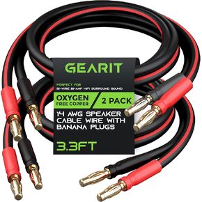 سلك كابل مكبر الصوت GearIT 14 AWG مع مقابس الموز (عبوتان، 16.4 قدم - 5 متر) سلك الموز بمقياس 14 جيجا للصوت المحيطي HiFi ثنائي السلك ثنائي الأمبير - 99.9% نحاس OFC، أطراف مطلية بالذهب - أسود، 16.4 قدم