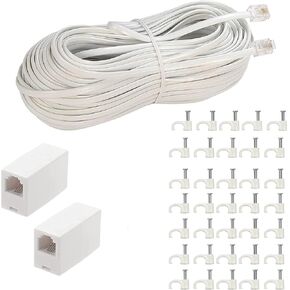 LanSenSu Phone Extension Cord 50 Ft, Phone Cord Telephone Cable with Standard RJ11Plug and 2 in-Line Couplers and 20Cable Clip Holders, White (White, 50 Feet) in Saudi Arabia