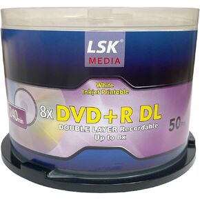 DVD+R DL Double Layer 8X 8.5GB 240min Video, White Inkjet Printable, by LSK Media, 50 Pack in Spindle | Blank DVDs for Burning Video | DVD Discs Blank | Recordable DVDs