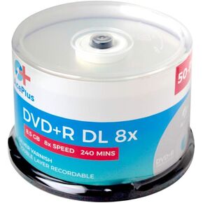 أقراص AcePlus 50-Pack DVD+R مزدوجة الطبقة مع سرعة 8X و8.5 جيجابايت من البيانات وسطح فضي يحمل الشعار في Cakebox