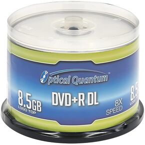 Optical Quantum 8X 8.5 GB DVD+R DL Double Layer Recordable Blank Media Logo Top, 50-Disc Cakebox OQDPRDL08LT