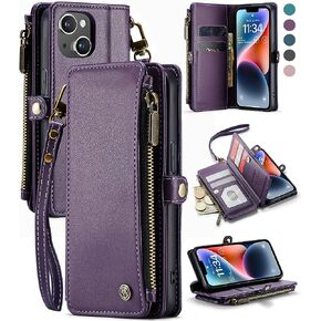 Defencase for iPhone 14 Wallet Case with RFID Blocking Card Holder, Purple | Durable Soft PU Leather, with Zipper Pocket, Wrist Strap, Fashion Snap Flip Phone Cases Cover with Stand for Women and Men in Kuwait