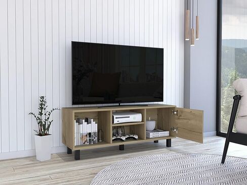 Depot E-Shop Myrtle Tv Stand منضدية، ثلاثة أرفف مفتوحة، خزانة واحدة من خشب البلوط الفاتح، لغرفة النوم in Kuwait