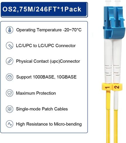 FLYPROFiber- LC إلى LC كابل تصحيح الألياف أحادي الوضع OS2 1M/3ft | دوبلكس، 9/125um SMF، SM Singlemode Fiber Jumper، لأجهزة الإرسال والاستقبال 1G/10G/100G / مراكز البيانات، تم اختبارها مسبقًا بالكامل، LSZH، أصفر in Kuwait