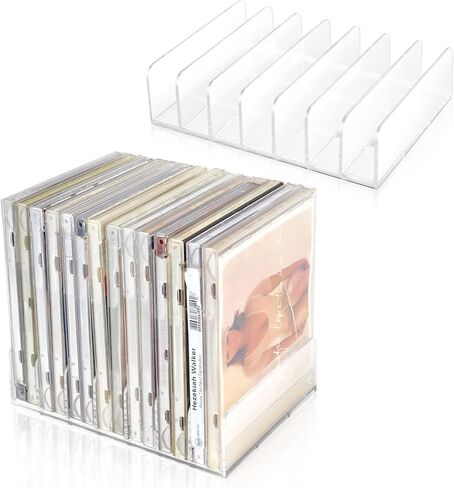 DLUGOPIS 2 قطعة حامل أقراص مضغوطة من الأكريليك الشفاف مع أقدام مطاطية قابلة للتكديس CD DVD عرض رف تخزين القرص المضغوط حامل منظم حامل صينية الأقراص المضغوطة يحمل ما يصل إلى 14 حافظة أقراص مضغوطة لتخزين رف الوسائط وتنظيمها بدون DVD in Kuwait