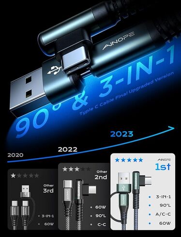 كابل AINOPE أرجواني USB C إلى USB C 2 حزمة 6.6 قدم 60 وات USBC إلى USBC كابل شحن سريع زاوية زاوية من النوع C إلى النوع C كابل USB C متوافق مع MacBook Pro 2022، iPad Pro 2021، Galaxy S23 in Kuwait