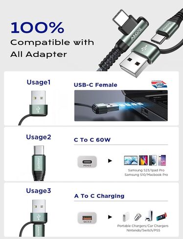 كابل AINOPE أرجواني USB C إلى USB C 2 حزمة 6.6 قدم 60 وات USBC إلى USBC كابل شحن سريع زاوية زاوية من النوع C إلى النوع C كابل USB C متوافق مع MacBook Pro 2022، iPad Pro 2021، Galaxy S23 in Kuwait
