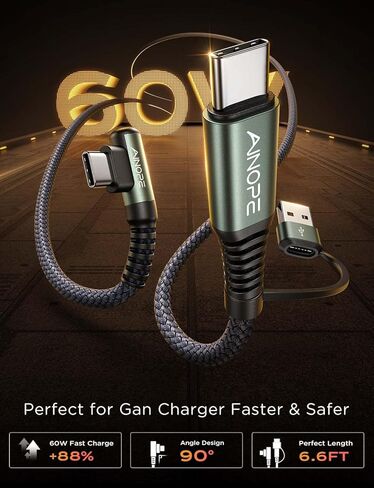 كابل AINOPE أرجواني USB C إلى USB C 2 حزمة 6.6 قدم 60 وات USBC إلى USBC كابل شحن سريع زاوية زاوية من النوع C إلى النوع C كابل USB C متوافق مع MacBook Pro 2022، iPad Pro 2021، Galaxy S23 in Kuwait