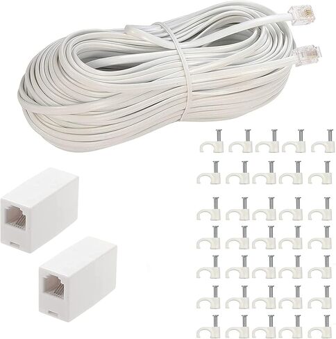 LanSenSu Phone Extension Cord 50 Ft, Phone Cord Telephone Cable with Standard RJ11Plug and 2 in-Line Couplers and 20Cable Clip Holders, White (White, 50 Feet) in Kuwait