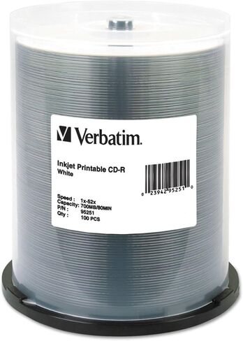 Verbatim CD-R 700 ميجابايت 52X قرص وسائط أبيض قابل للطباعة وقابل للتسجيل - عمود دوران 100 قطعة in Kuwait