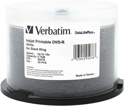 Verbatim 96552 DVD-R 4.7GB 16X Aqua Ace سطح أبيض لامع قابل للطباعة بنفث الحبر، محور قابل للطباعة - عمود دوران 50 قطعة in Saudi Arabia