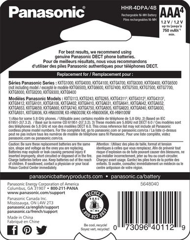Panasonic Genuine HHR-4DPA/4B AAA NiMH Rechargeable Batteries for DECT Cordless Phones, 4 Pack in Kuwait