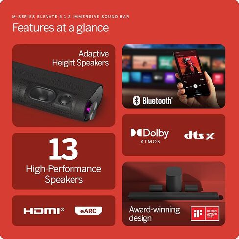VIZIO M-Series Elevate 5.1.2 Immersive Sound Bar with 13 High-Performance Speakers, Dolby Atmos, DTS:X, Wireless Subwoofer, Adaptive Height Speakers and Alexa Compatibility, M512E-K6, 2023 Model in Saudi Arabia
