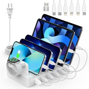 Charging Station for Multiple Devices, 50W 6 Ports Charging Dock with Stand | 6 Cables, Compatible with Cellphone,Tablet, Kindle, Apple Watch and Other Electronic, 1 USB-A to USB-C Adapter Converter in Saudi Arabia