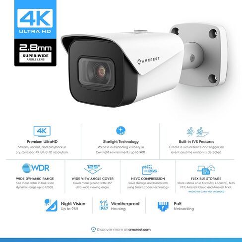 كاميرا Amcrest UltraHD 4K (8MP) خارجية للأمان IP POE، رؤية ليلية 98 قدمًا، عدسة 2.8 مم، مقاومة للطقس IP67، تسجيل MicroSD بسعة 256 جيجابايت، أسود (IP8M-2496EB-V2) in Saudi Arabia