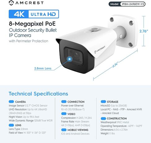 كاميرا Amcrest UltraHD 4K (8MP) خارجية للأمان IP POE، رؤية ليلية 98 قدمًا، عدسة 2.8 مم، مقاومة للطقس IP67، تسجيل MicroSD بسعة 256 جيجابايت، أسود (IP8M-2496EB-V2) in Saudi Arabia