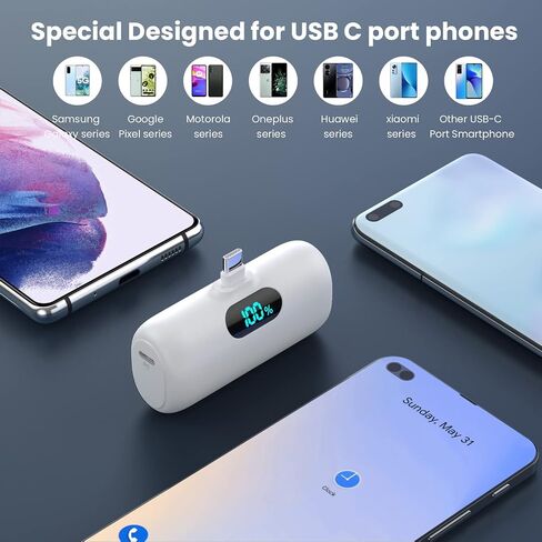 [2-Pack] Mini Portable Charger 5000mAh Power Bank, 3A PD USB C Cell Phone Portable Power, LCD Display Battery Pack Compatible with iPhone 15/15 plus/15 pro/15 pro Max/Android phone/Samsung/Moto/LG etc in Kuwait