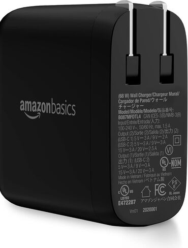شاحن حائط Amazon Basics بقدرة 65 وات بمنفذ واحد GaN USB-C مع توصيل الطاقة PD 3.0، قابس قابل للطي، محمول، شحن سريع لأجهزة الكمبيوتر المحمولة والأجهزة اللوحية والهواتف، غير PPS، أسود in Kuwait