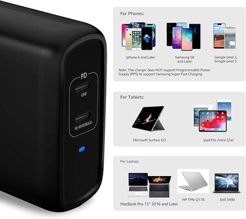شاحن حائط Amazon Basics بقدرة 65 وات بمنفذ واحد GaN USB-C مع توصيل الطاقة PD 3.0، قابس قابل للطي، محمول، شحن سريع لأجهزة الكمبيوتر المحمولة والأجهزة اللوحية والهواتف، غير PPS، أسود in Kuwait