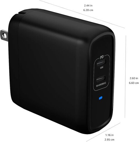 شاحن حائط Amazon Basics بقدرة 65 وات بمنفذ واحد GaN USB-C مع توصيل الطاقة PD 3.0، قابس قابل للطي، محمول، شحن سريع لأجهزة الكمبيوتر المحمولة والأجهزة اللوحية والهواتف، غير PPS، أسود in Kuwait