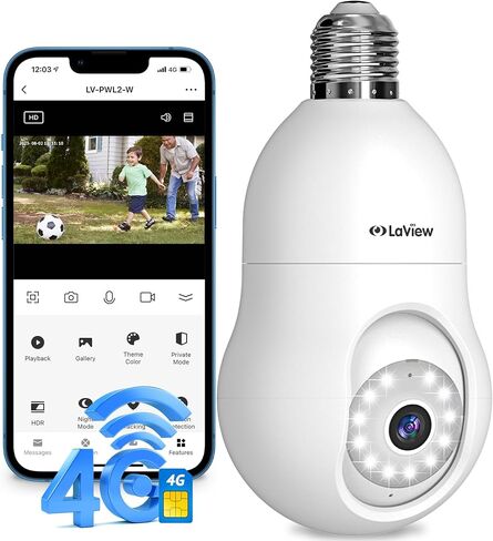 كاميرا مراقبة LaView 4MP لمبة 2.4 جيجا هرتز، 360 درجة 2K كاميرات أمنية لاسلكية خارجية وداخلية بالألوان الكاملة ليلاً ونهارًا، كشف الحركة، إنذار مسموع، سهلة التركيب، متوافقة مع Alexa (أسود) in Kuwait