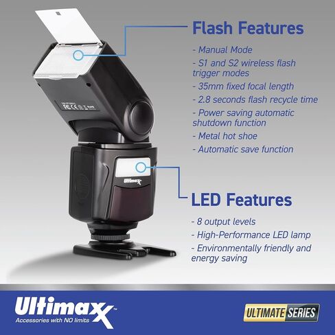 فلاش Speedlite الديناميكي الاحترافي DF260VL من Ultimaxx لكاميرات Canon Nikon Panasonic Olympus Pentax وغيرها من كاميرات DSLR، للكاميرات الرقمية مع حذاء معدني ساخن in Saudi Arabia