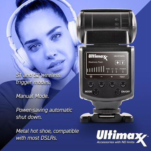 فلاش Speedlite الديناميكي الاحترافي DF260VL من Ultimaxx لكاميرات Canon Nikon Panasonic Olympus Pentax وغيرها من كاميرات DSLR، للكاميرات الرقمية مع حذاء معدني ساخن in Saudi Arabia