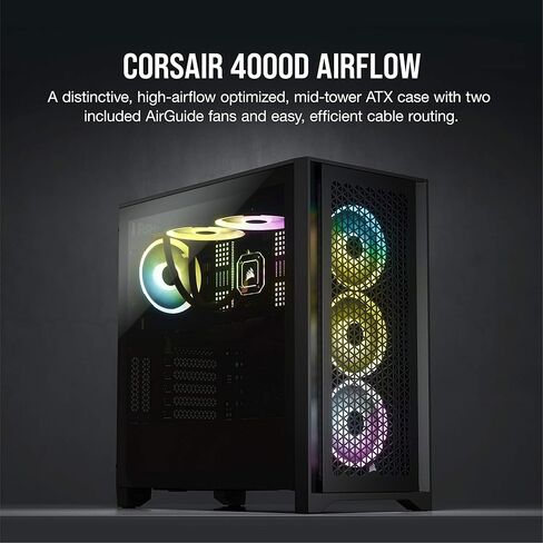 حقيبة Corsair iCUE 4000D RGB Mid-Tower - 3X AF120 RGB Elite Fans - وحدة تحكم Lighting Node PRO - تصميم تدفق الهواء العالي - نظام إدارة الكابلات RapidRoute - أسود in Kuwait