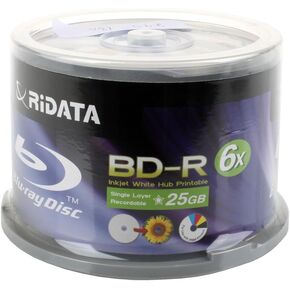 Ridata BD-R 6X 25GB Blu-ray Media White Inkjet Hub Printable Disc, Pack of 50