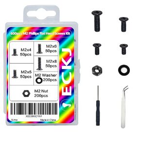 ECKJ 600pcs M2 مسامير استبدال الكمبيوتر المحمول، فيليبس شقة رئيس غاطسة آلة مسامير المسمار المكسرات غسالات مجموعة متنوعة، M2 × 4 مم / 5 مم / 6 مم / 8 مم للكمبيوتر الشخصي، إصلاح SSD، محرك NVMe أسود in Kuwait
