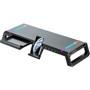 حامل شاشة كمبيوتر ألعاب KYOLLY RGB - 4 محاور USB 3.0، حامل شاشة كمبيوتر قابل للتعديل بطول 3 مع درج وتخزين وحامل هاتف أسود in Kuwait