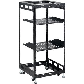 15U Open Frame Rack for Servers & AV Gear - Wall Mountable Design Includes 2X Vented Shelves, 4X Leveling Feet, 4X Casters