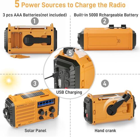 Eoxsmile Emergency Radio with NOAA Weather Alert, Solar Hand Crank Portable | AM/FM Shortwave, 5000mAh Rechargeable Battery Powered, USB Charger, Flashlight, SOS Alarm for Home Outdoor Survival Outages in Saudi Arabia