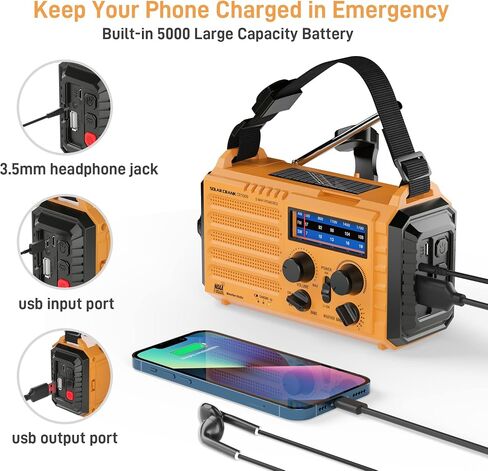 Eoxsmile Emergency Radio with NOAA Weather Alert, Solar Hand Crank Portable | AM/FM Shortwave, 5000mAh Rechargeable Battery Powered, USB Charger, Flashlight, SOS Alarm for Home Outdoor Survival Outages in Saudi Arabia