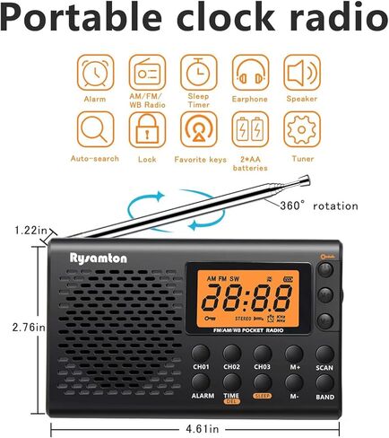 Portable AM/FM/Shortwave Radio, Batteries Operated Pocket Radios, Large Digital Display, Clock Radio with Alarm and Sleep Function, Earphone Included (Black) in Kuwait